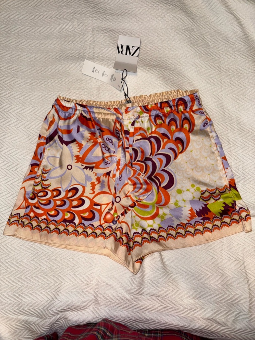 Zara Floral Print High-Waist Shorts in Orange, Lavender & Lime Satin Shorts Sz-S
